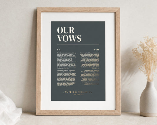Personalised Gold Foil Wedding Vows Print, His and Hers Vows, Dark Green Wall Art, Wedding Gift, Anniversary Gift for Couple
