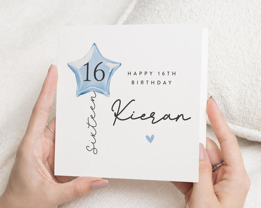 16th Birthday Card for Boy, Personalised Sixteen Birthday Card, Birthday Card for Son, Blue Balloon Birthday Card, Custom Teen Card