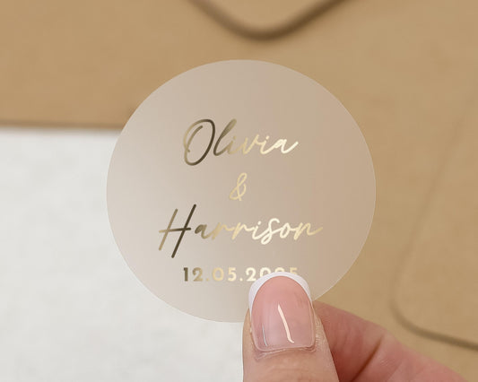 Personalised Wedding Sticker, Custom Name Wedding Label, Gold Foil Wedding Sticker, Wedding Envelope Seal, Bride and Groom Sticker