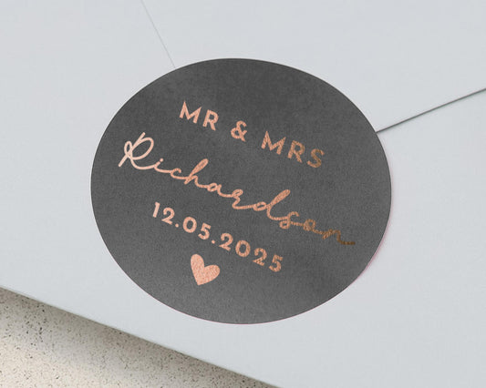 Wedding Envelope Seal, Personalised Wedding Sticker, Mr and Mrs Sticker, Rose Gold Foil Wedding Label, Custom Name Wedding Seal