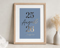 Personalised Gold Foil Wedding Date Print, Blue Grey Wall Art, Anniversary Gift, Gift for Couple, I Do Portrait Print With Mount