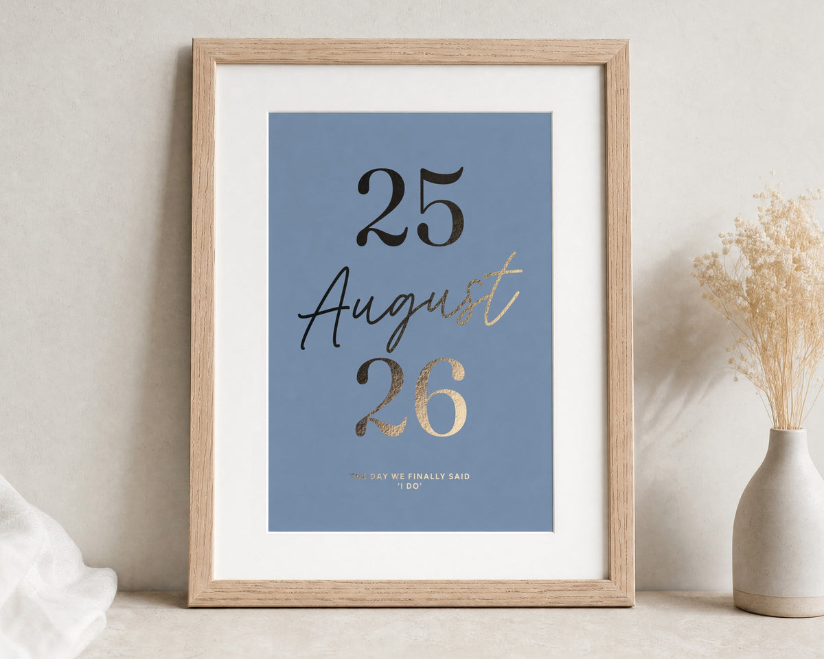 Personalised Gold Foil Wedding Date Print, Blue Grey Wall Art, Anniversary Gift, Gift for Couple, I Do Portrait Print With Mount