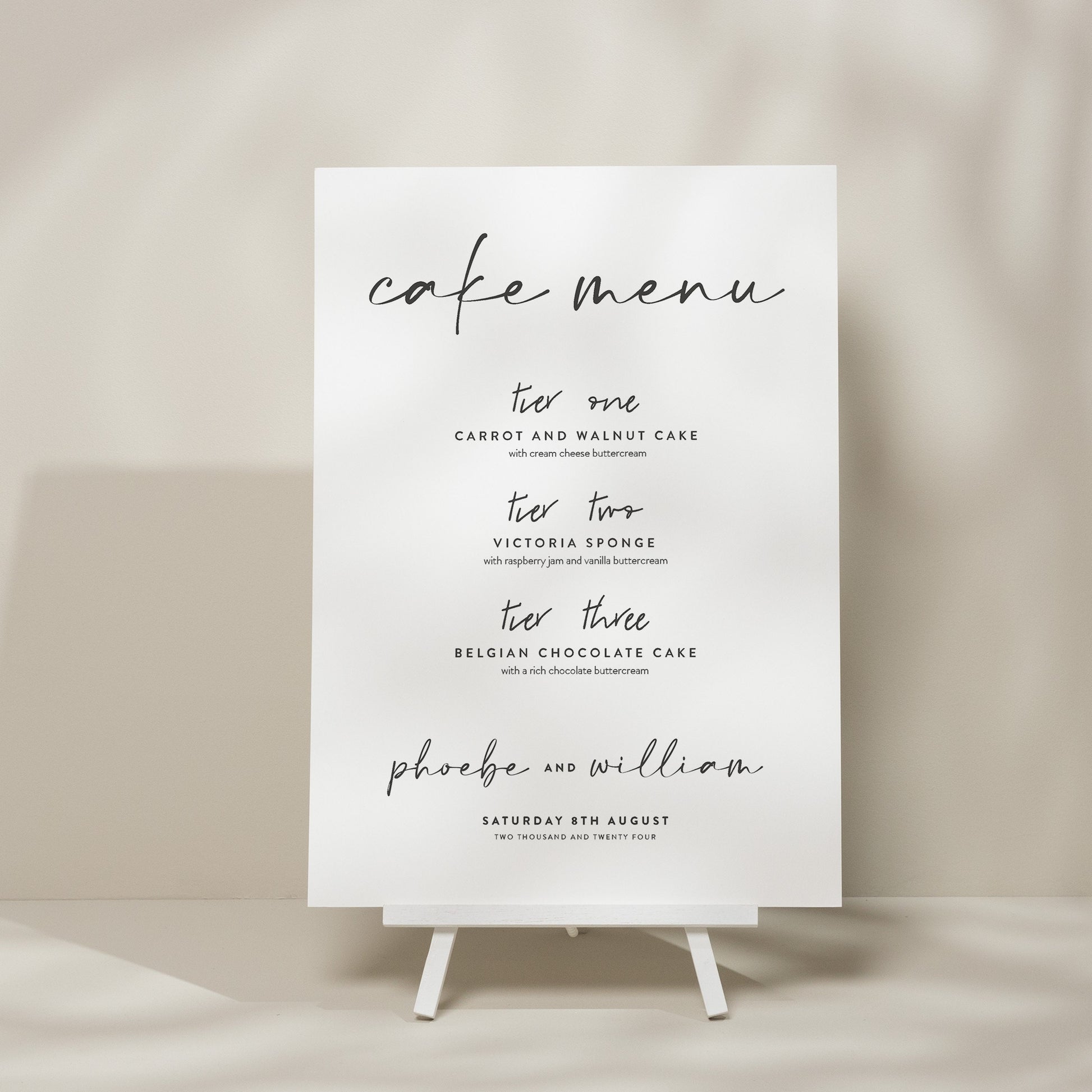 Wedding Cake Menu Sign, Cake Flavour Sign, Calligraphy Wedding Signage, Simple Wedding Cake Sign, Minimalist Wedding Design &#39;Phoebe&#39;