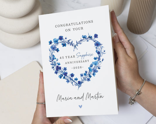 45th Sapphire Anniversary Card, Personalised Wedding Anniversary Card, Anniversary Card for Couple, 45 Year Anniversary Card, Floral Card