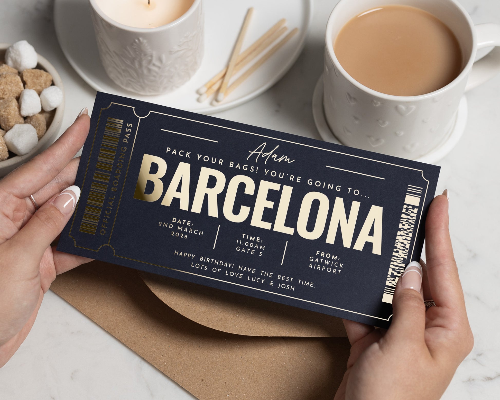 Personalised Holiday Reveal Ticket, Barcelona Gift Voucher, Scratch To Reveal, Birthday Gift Experience, Gold Foil Boarding Pass