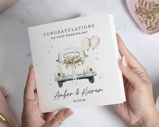 Wedding Card, Personalised Wedding Card, Congratulations Card, Wedding Day Card, Card for Couple, Car Wedding Card, Custom Names Card