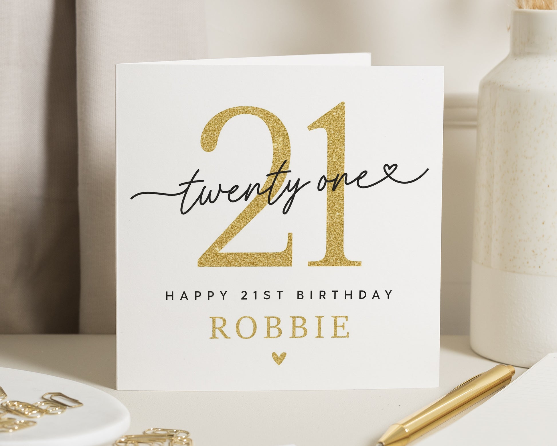 21st Birthday Card, Personalised 21st Birthday Card for Him or Her, Gold Glitter Birthday Card, Custom Name Birthday Card, 21 Card