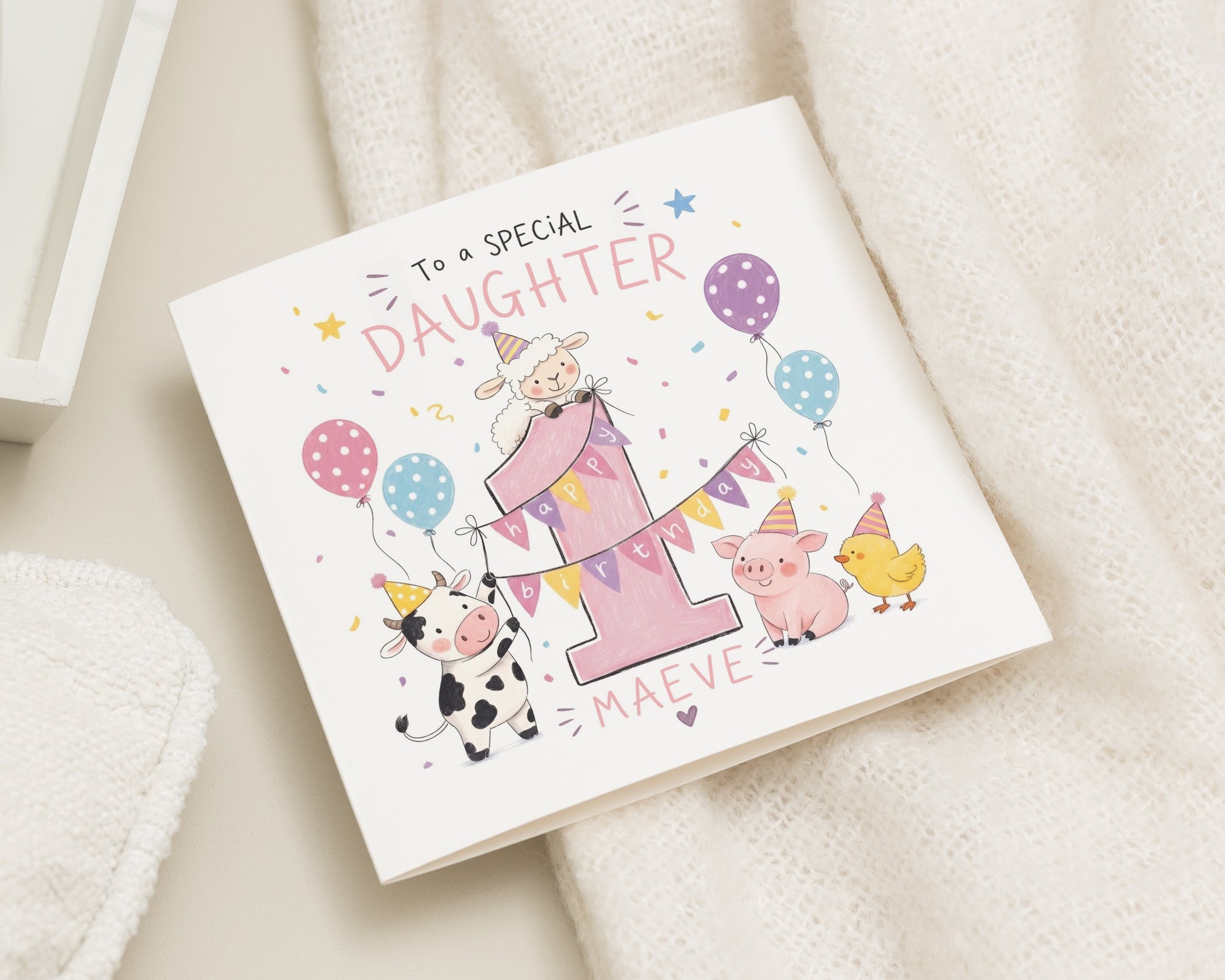 1st Birthday Card for Daughter, First Birthday Card for Daughter, Personalised Birthday Card for Girl, Farm Animal Birthday Card
