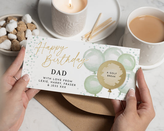 Personalised Birthday Gift Voucher for Dad, Golf Break Gift, Scratch to Reveal, Custom Birthday Card for Him
