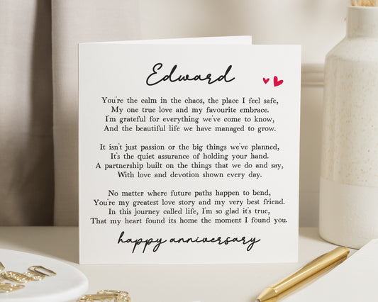 Anniversary Card for Husband, Personalised Anniversary Card for Him, Romantic Poem Card for Boyfriend, Love Card for Partner