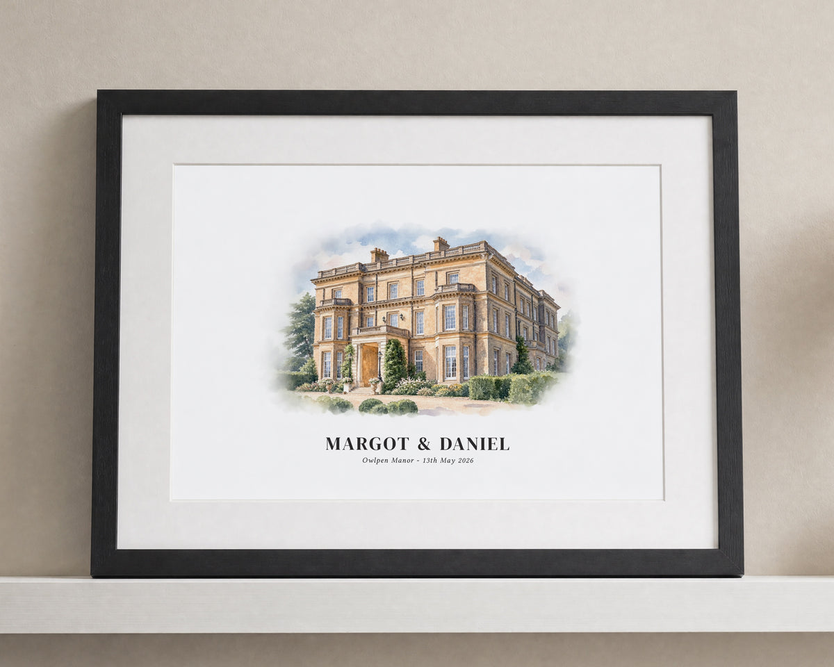 Personalised Wedding Venue Print, Custom Illustrated Venue Wall Art, Wedding Gift for Couple, Anniversary Gift, Landscape Black Framed Print