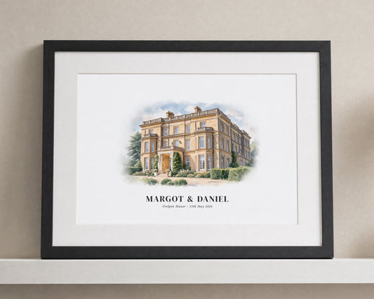 Personalised Wedding Venue Print, Custom Illustrated Venue Wall Art, Wedding Gift for Couple, Anniversary Gift, Landscape Black Framed Print
