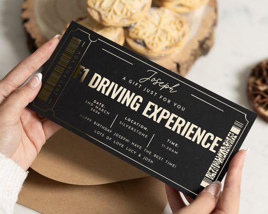 Personalised Driving Experience Gift Voucher, F1 Gift Voucher, Custom Gold Foil Experience Ticket