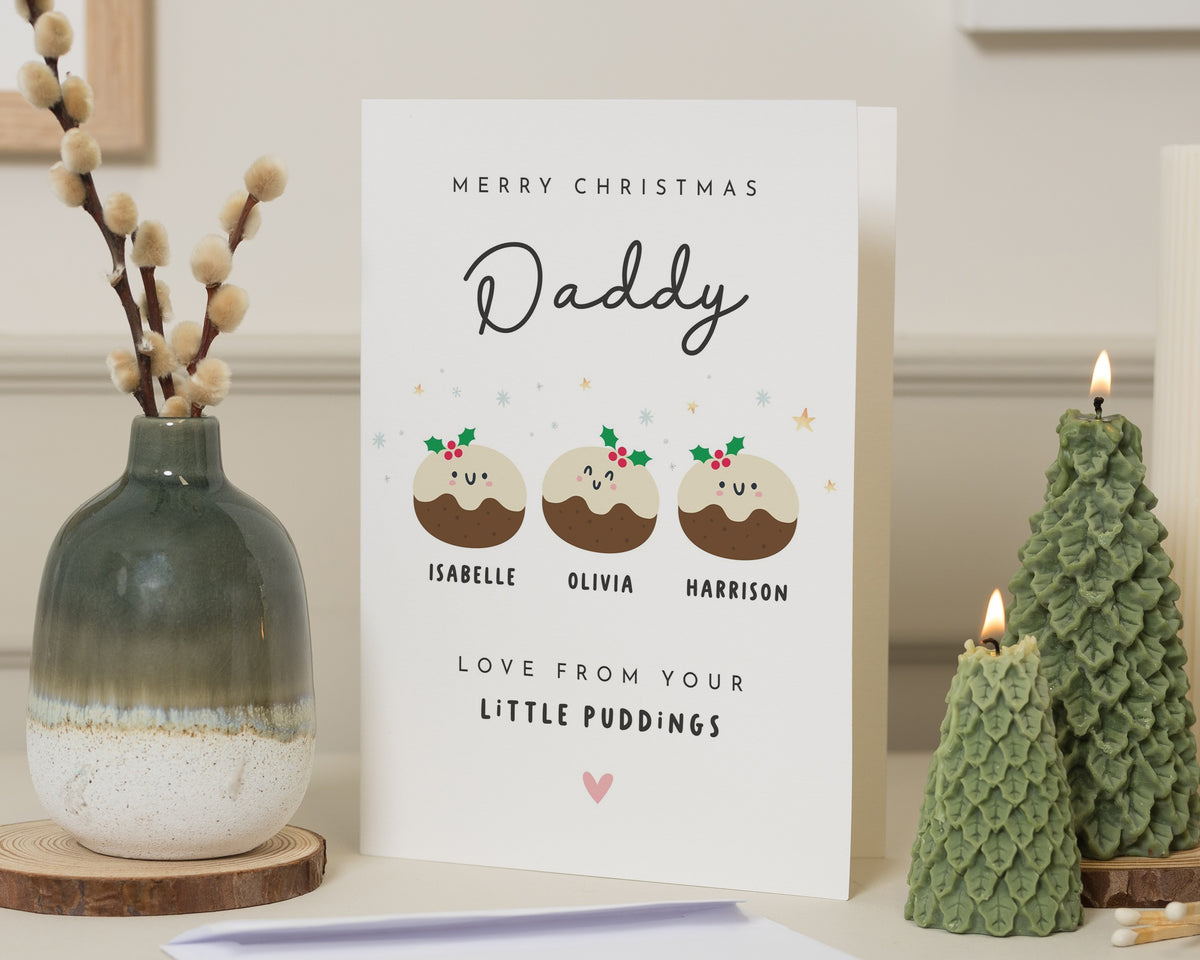 Christmas Card for Daddy, Personalised Christmas Card, Dad Christmas Card, From Kids, Cute Christmas Pudding Card, Xmas Card for Dad