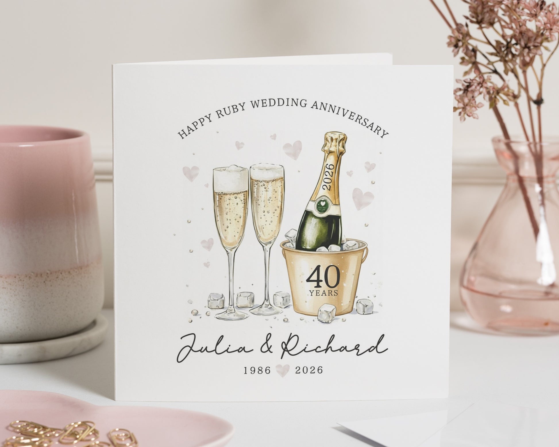 Ruby Wedding Anniversary Card, 40th Anniversary Card, Personalised Anniversary Card, Champagne Anniversary Card, Card for Couple