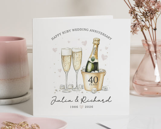 Ruby Wedding Anniversary Card, 40th Anniversary Card, Personalised Anniversary Card, Champagne Anniversary Card, Card for Couple