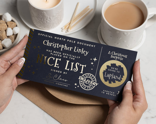 Personalised Christmas Scratch To Reveal Ticket, Lapland Surprise, Nice List Gift, Custom Christmas Gift Voucher For Kids