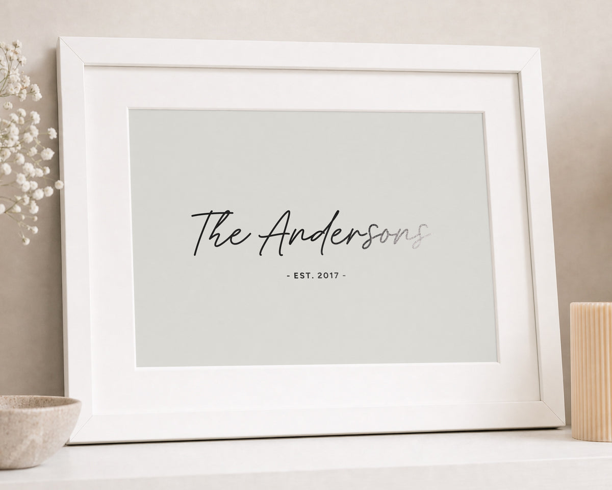 Personalised Silver Foil Family Name Print, Ivory Wall Art, New Home Gift, House Warming Gift, Landscape Framed Print