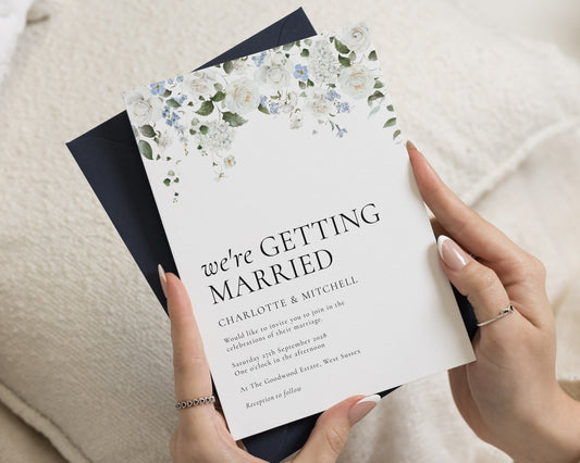 White Rose Floral Wedding Invitations, Navy Blue Envelope Wedding Invite, Elegant Garden Wedding Stationery, Personalised Invitation Suite
