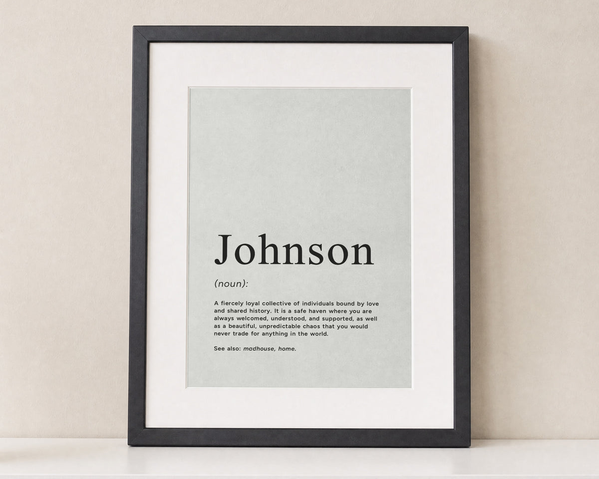 Personalised Family Definition Print, Surname Wall Art, Grey Green Family Name Print, Family Gift, New Home Gift, Living Room Art