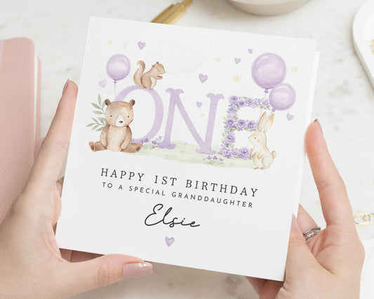 1st Birthday Card for Granddaughter, Personalised First Birthday Card, Animal Birthday Card, Cute Birthday Card for Girl, Bunny Bear Card