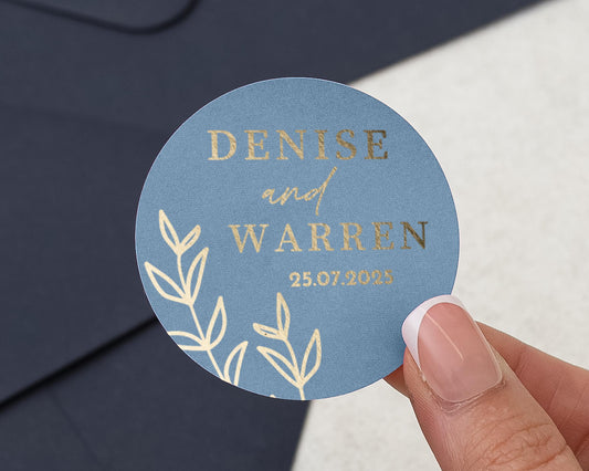 Personalised Wedding Sticker, Gold Foil Wedding Seal, Blue Envelope Sticker, Name and Date Sticker