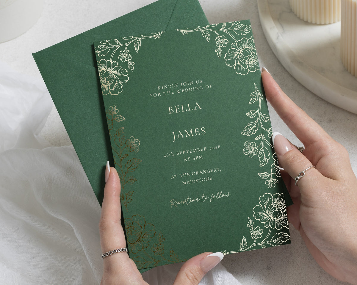Gold Foil Floral Wedding Invitations, Forest Green Botanical Wedding Invites, Elegant Garden Wedding Invitation