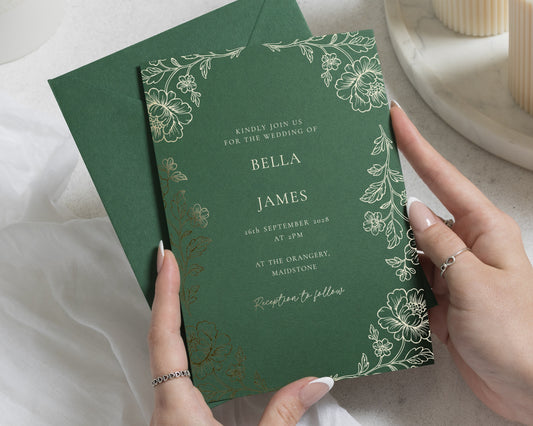 Gold Foil Floral Wedding Invitations, Forest Green Botanical Wedding Invites, Elegant Garden Wedding Invitation