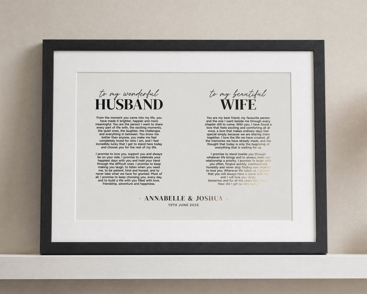 Personalised Gold Foil Wedding Vows Print, Ivory Wall Art, Husband and Wife Gift, Anniversary Gift, Wedding Gift for Couple, Landscape Print