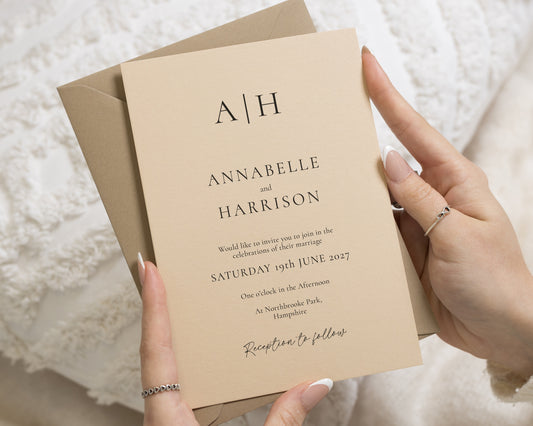 Beige Monogram Wedding Invitations, Minimalist Wedding Invites with Taupe Envelopes, Elegant Typography, Personalised Wedding Invitations
