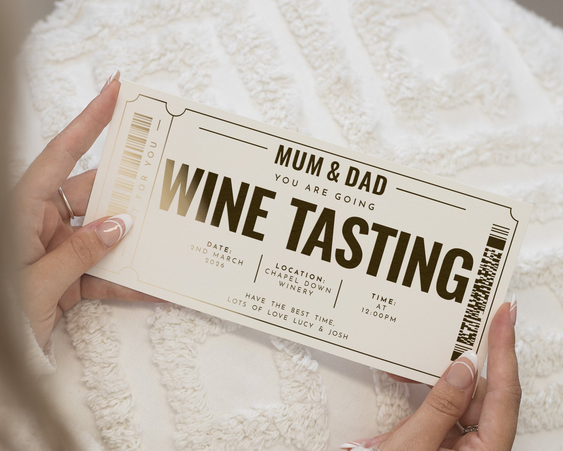 Personalised Wine Tasting Gift Voucher, Gold Foil Experience Ticket, Gift For Mum And Dad, Custom Wine Tasting Voucher
