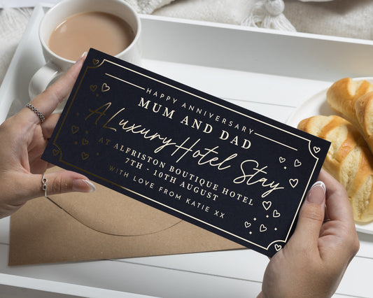 Anniversary Gift Voucher for Mum and Dad, Hotel Stay Gift Voucher, Weekend Away Voucher, Personalised Gift Experience