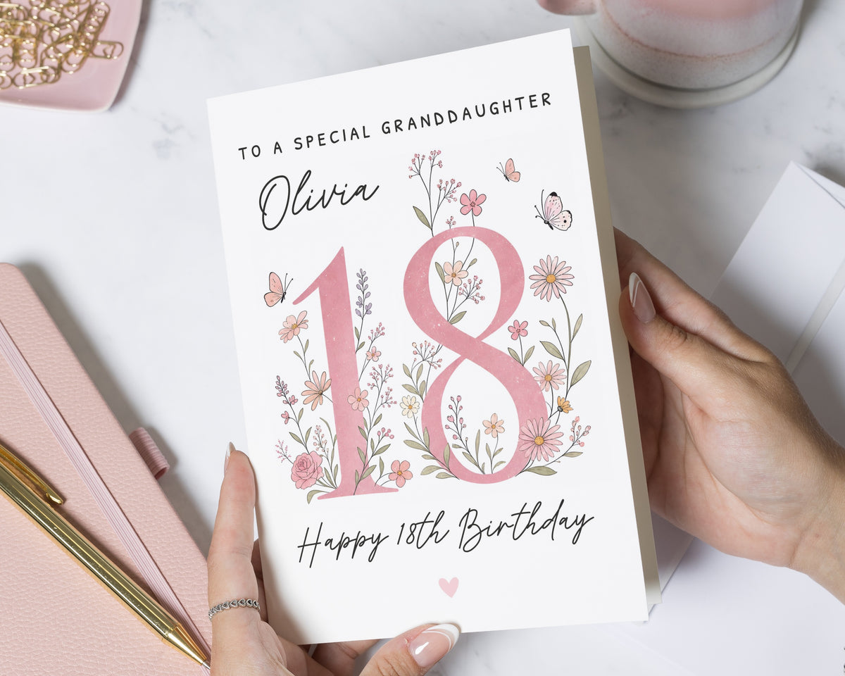 18th Birthday Card for Granddaughter, Personalised Granddaughter Birthday Card, Floral Birthday Card for Her, 18 Birthday Cards