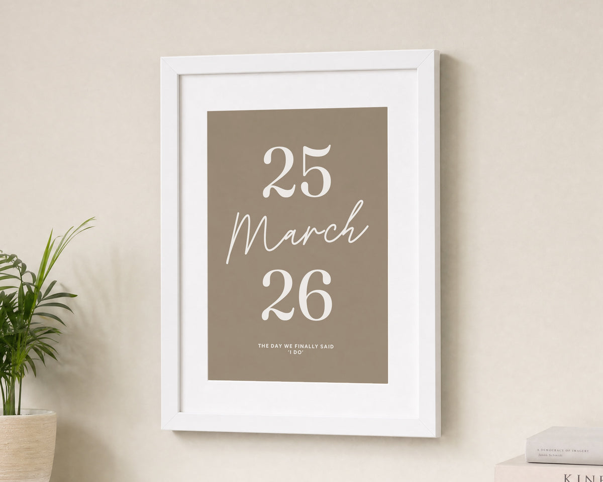 Personalised Wedding Date Print, Beige Wall Art, Gift for Couple, Anniversary Gift, Minimalist Portrait Print, White Framed Print