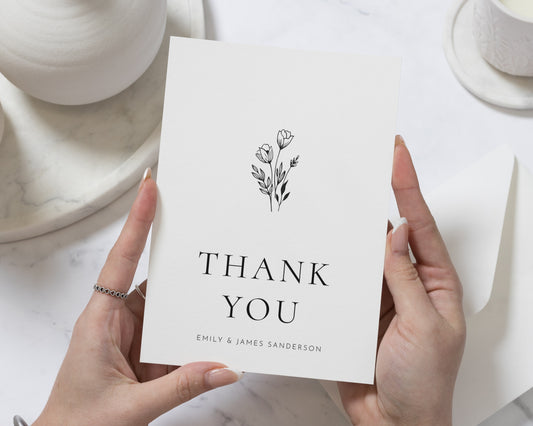 Personalised Wedding Thank You Cards, Wedding Thank You Cards, Floral Thank You Cards, Minimal Folded Thank You Cards, A6 or 5x7 Flat