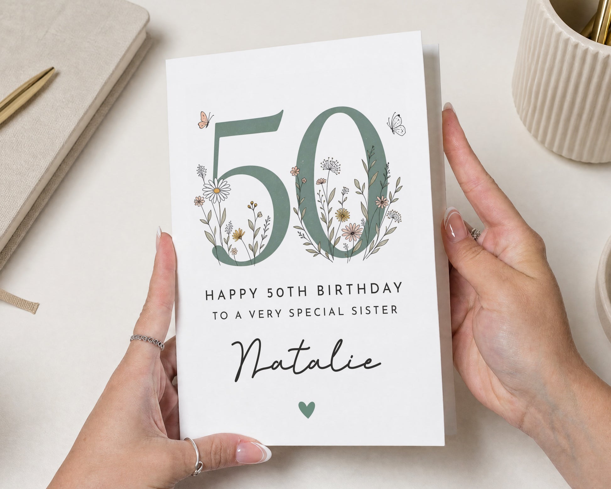 50th Birthday Card for Sister, Sister 50th Birthday Card, Personalised Birthday Card for Her, Floral Birthday Card, Fiftieth Card