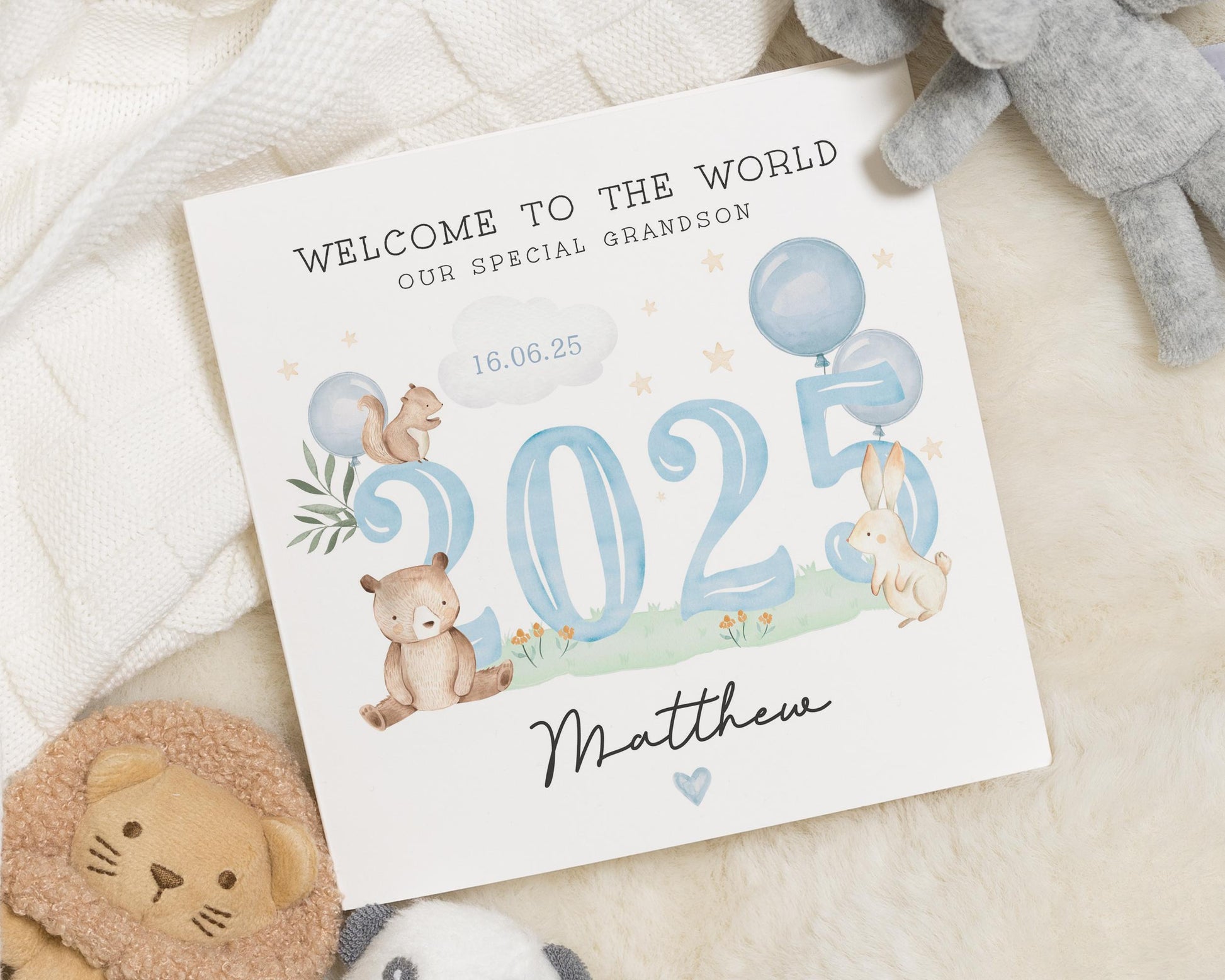 New Baby Card for Grandson, Personalised Grandson Card, Welcome to the World Card, Animal Baby Card, Baby Boy Card, 2025 Card