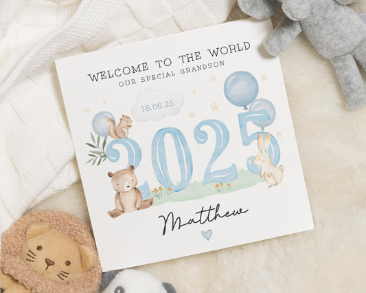 New Baby Card for Grandson, Personalised Grandson Card, Welcome to the World Card, Animal Baby Card, Baby Boy Card, 2025 Card