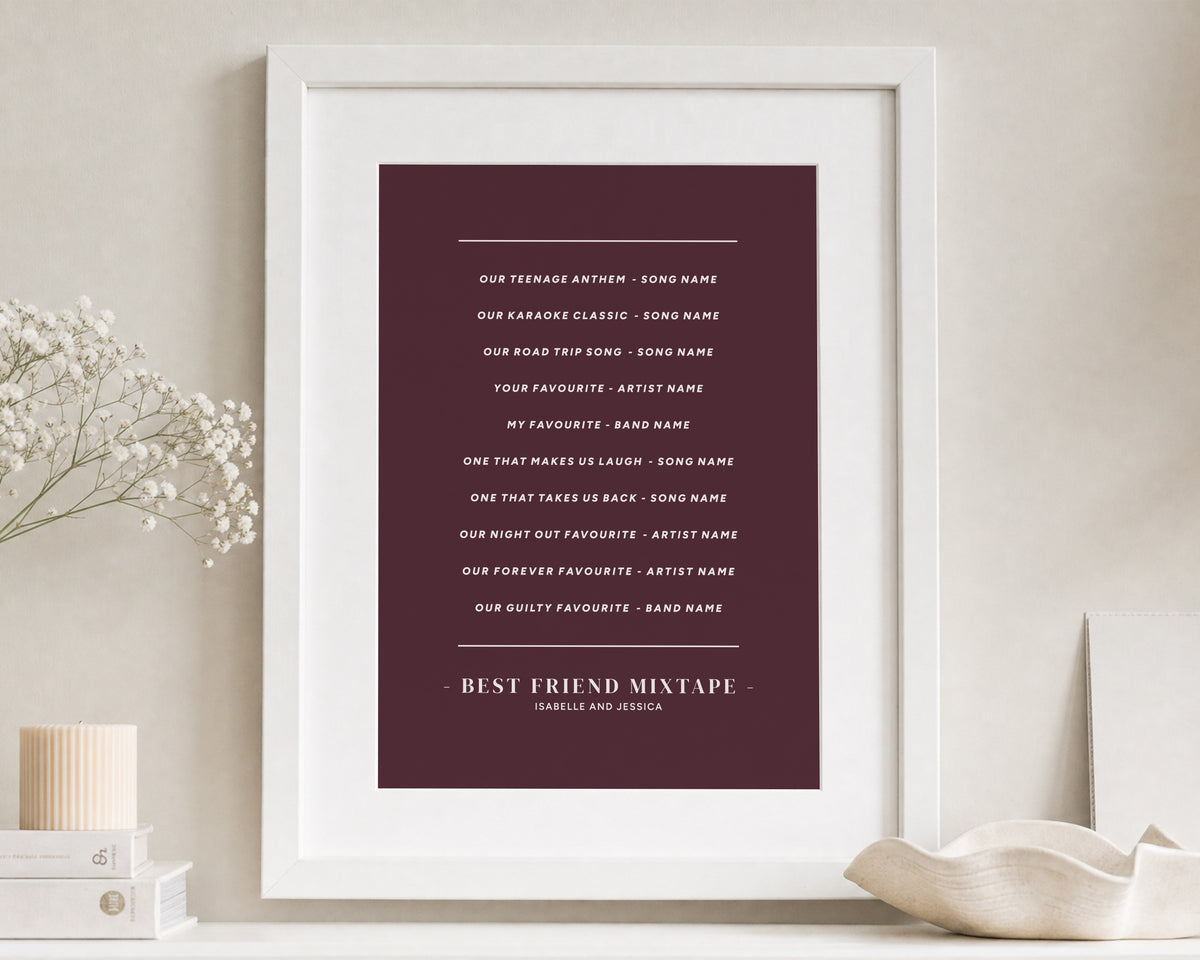 Personalised Mixtape Print, Burgundy Wall Art, Best Friend Gift, Custom Playlist Poster, Friendship Gift, Bedroom Wall Art