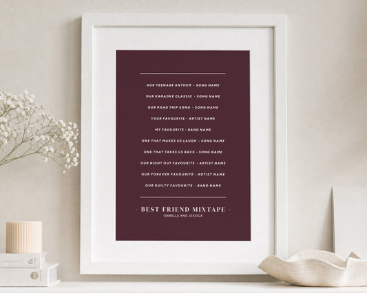 Personalised Mixtape Print, Burgundy Wall Art, Best Friend Gift, Custom Playlist Poster, Friendship Gift, Bedroom Wall Art
