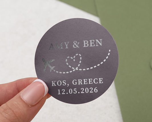 Wedding Sticker Personalised, Wedding Favour Sticker, Custom Name Date Sticker, Destination Wedding Label, Silver Foil, Travel Theme