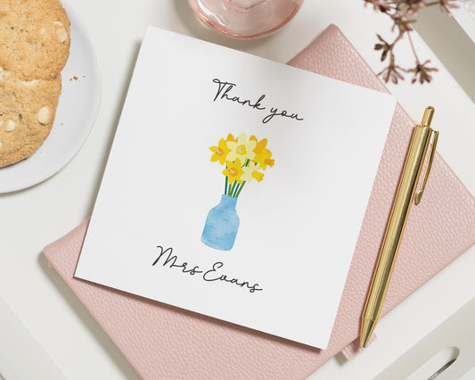 Thank You Teacher Card, Personalised Thank You Card, Teacher Thank You Card, Daffodil Card, Thank You Card for Her, Custom Name Card