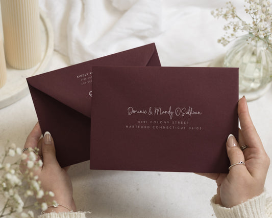 Burgundy Envelopes with White Ink Address Printing, C6, 5x7 or C5 Printed Wedding Invitation Envelopes (Bramble)
