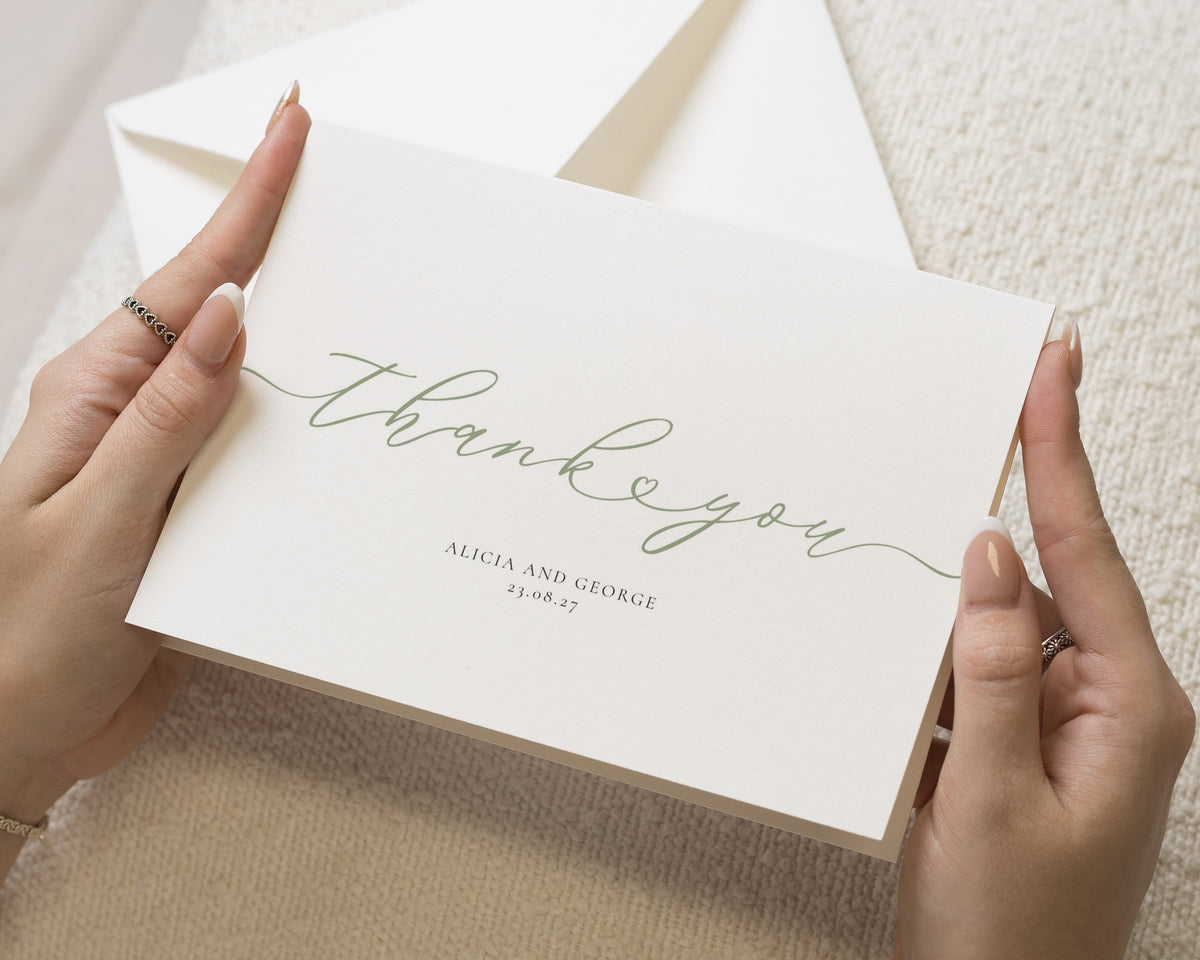 Personalised Wedding Thank You Cards, Wedding Thank You Cards, Folded Thank You Cards, Simple Green Thank You Card, A6 5x7