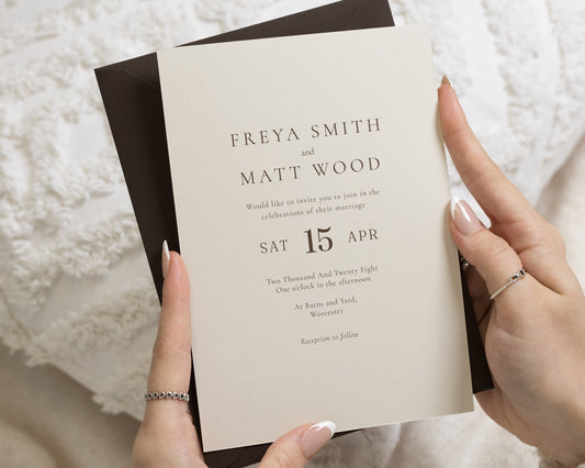 Warm Ivory Wedding Invitations with Chocolate Brown Envelopes, Minimalist Wedding Invites, Elegant Typography, Personalised Invitation Suite