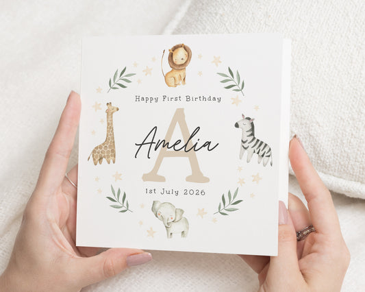 1st Birthday Card for Girl, Jungle Birthday Card, Animal Birthday Card, Personalised Birthday Card, First Birthday Card, Custom Safari Card