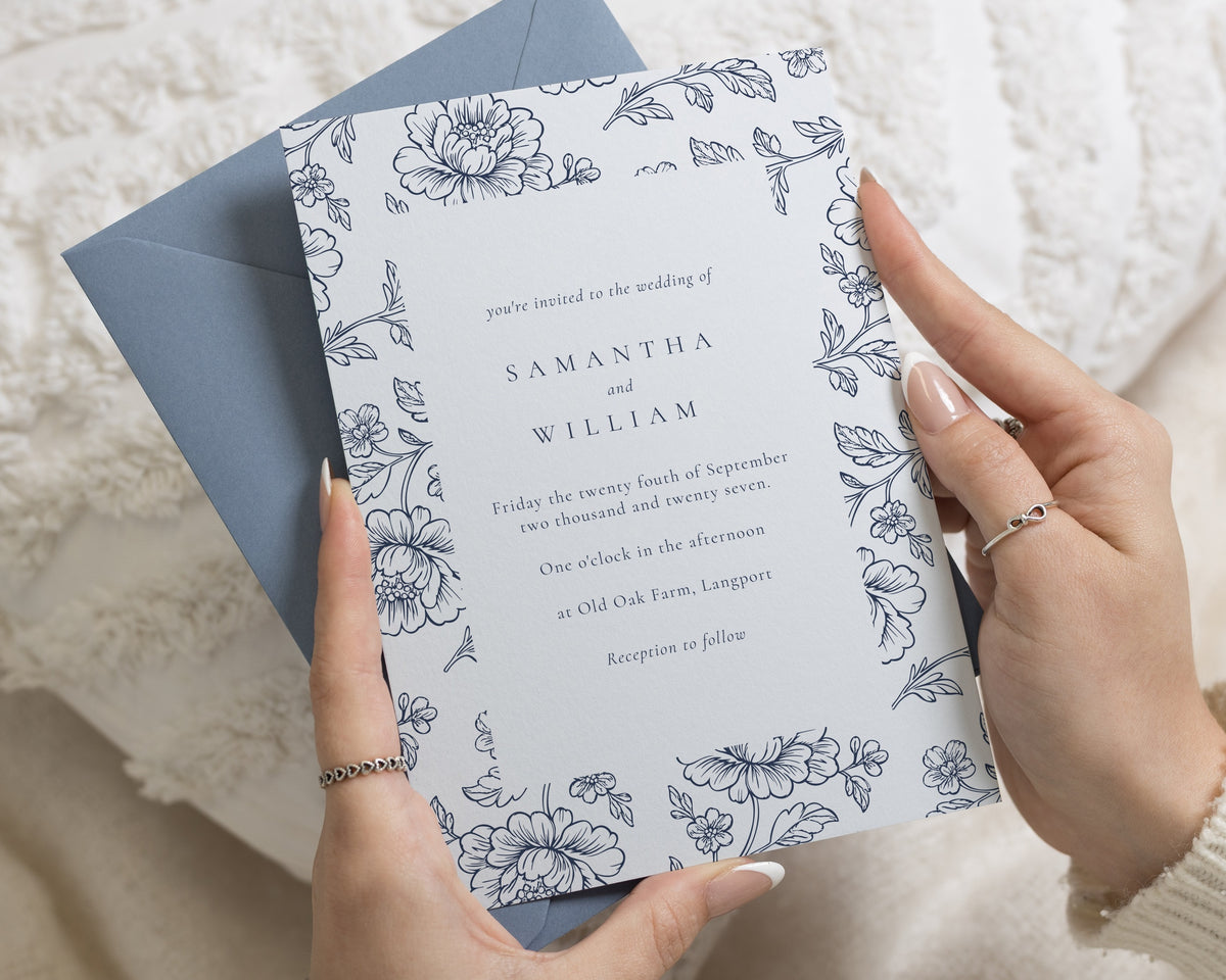 Powder Blue Floral Wedding Invitations, Botanical Garden Wedding Invites with Dusty Blue Envelopes, Personalised Invitation Suite