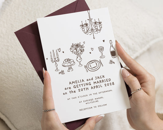 Illustrated Wedding Invitations, Burgundy Wedding Invite, Hand Drawn Doodle Wedding Stationery, Simple Personalised Invite Suite