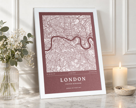 Personalised Map Print, Custom Location Wall Art, Burgundy Wall Art, Where We First Met Gift, Anniversary Gift for Couple