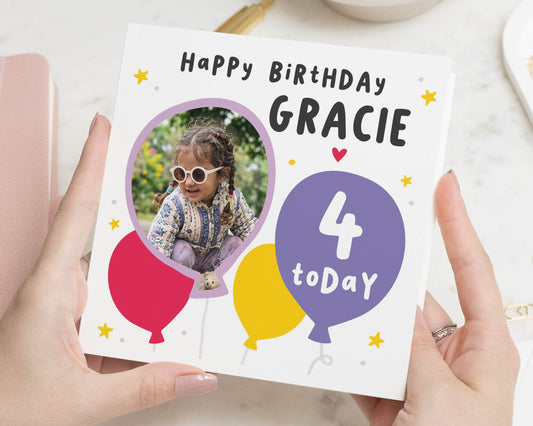 4th Birthday Card, Personalised Photo Birthday Card, Birthday Card for Girl, Birthday Card for Daughter, Granddaughter 4 Today Card